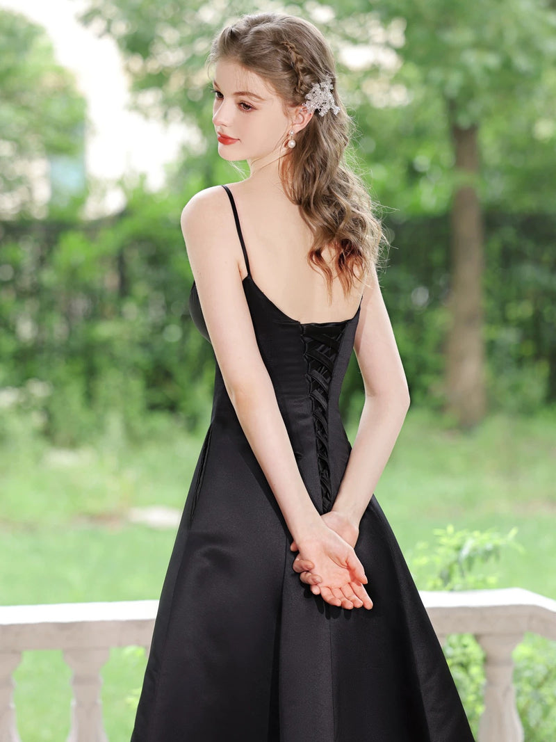 Simple V Neck Satin Tea Length Black Prom Dress, Black Formal Dress – shopluu Simple V Neck Satin Tea Length Black Prom Dress, Black Formal Dress – shopluu