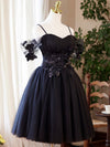 A-Line Sweetheart Neck Tulle Flower Black Short Prom Dress, Black Homecoming Dress