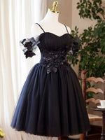 A-Line Sweetheart Neck Tulle Flower Black Short Prom Dress, Black Homecoming Dress