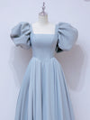 A-Line Puff sleeves Long Blue Prom Dress, Square Neckline Blue Long Formal Dress