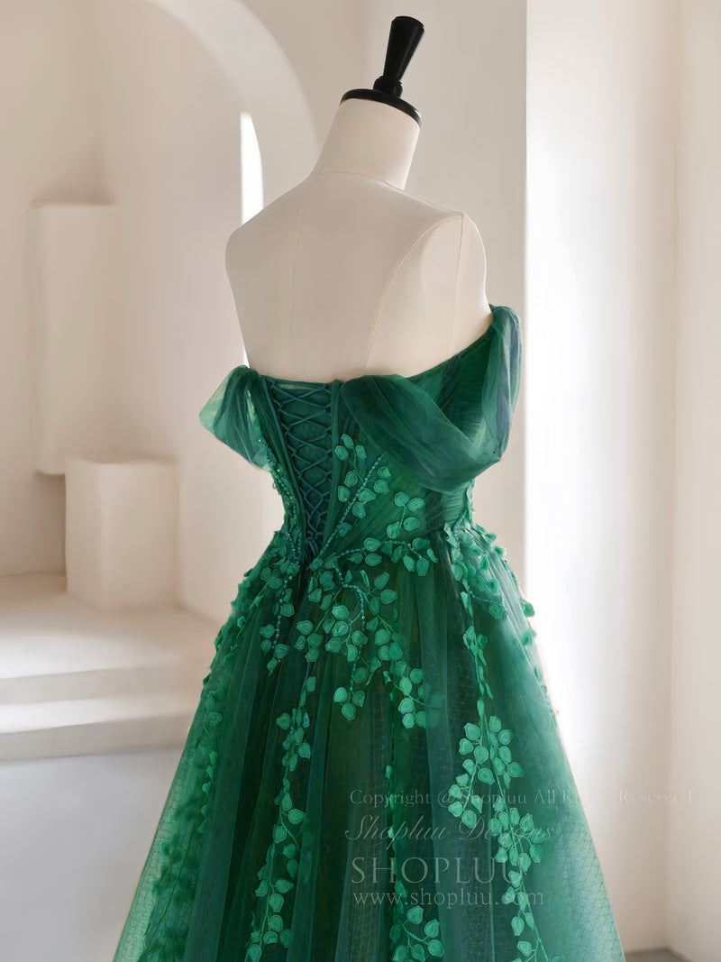 A-line Off Shoulder Emerald Green Tulle Long Prom Dress, Emerald Green Long Formal Dress