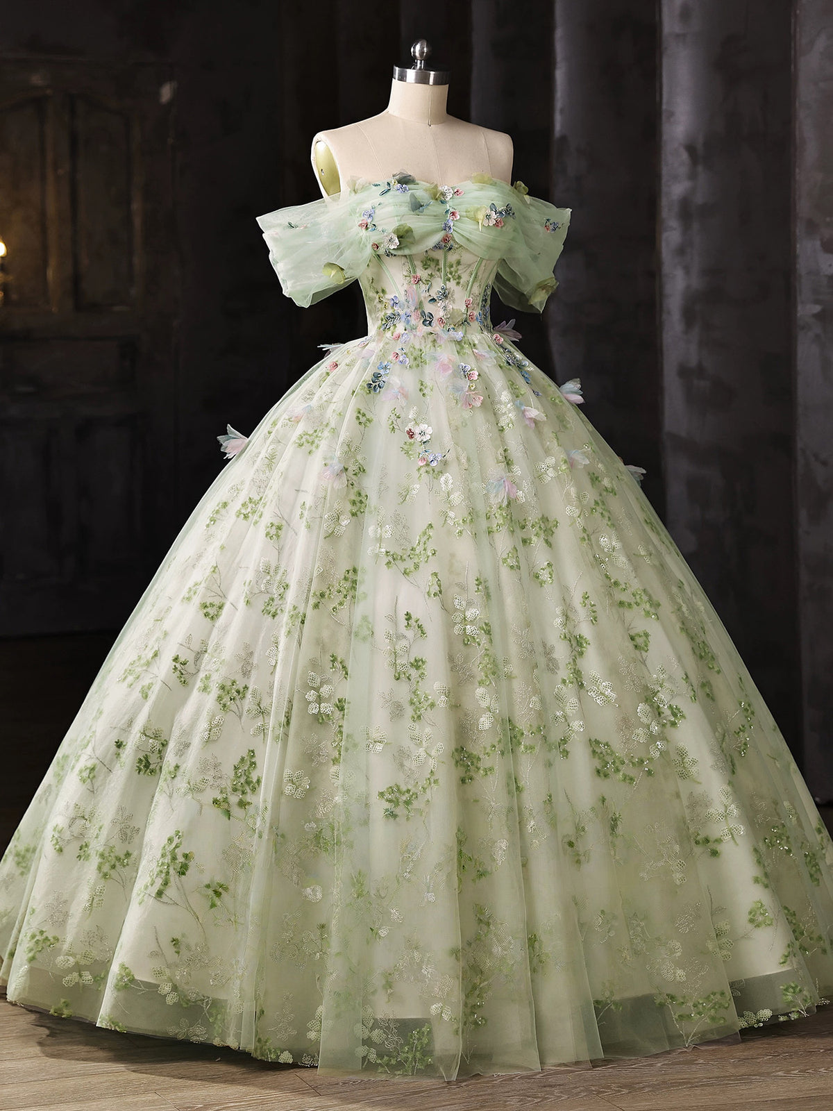 A-Line  Off Shoulder Tulle Lace Green Long Prom Dress