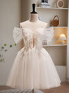 A-Line Off Shoulder Tulle Short Beige Prom Dress, Cute Homecoming Dress