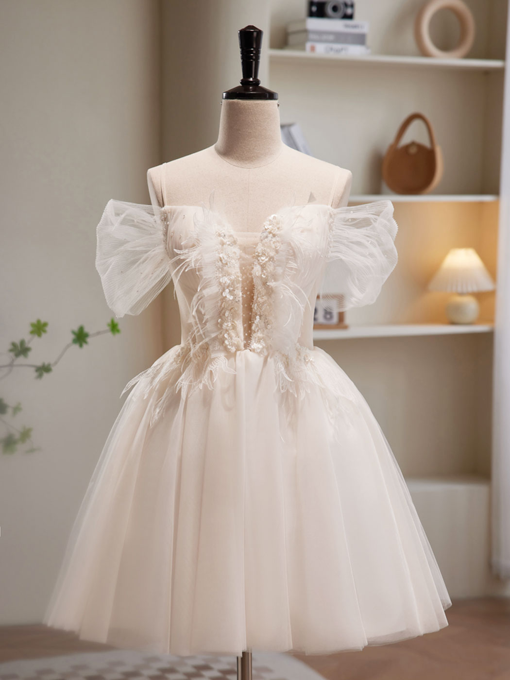 A-Line Off Shoulder Tulle Short Beige Prom Dress, Cute Homecoming Dres