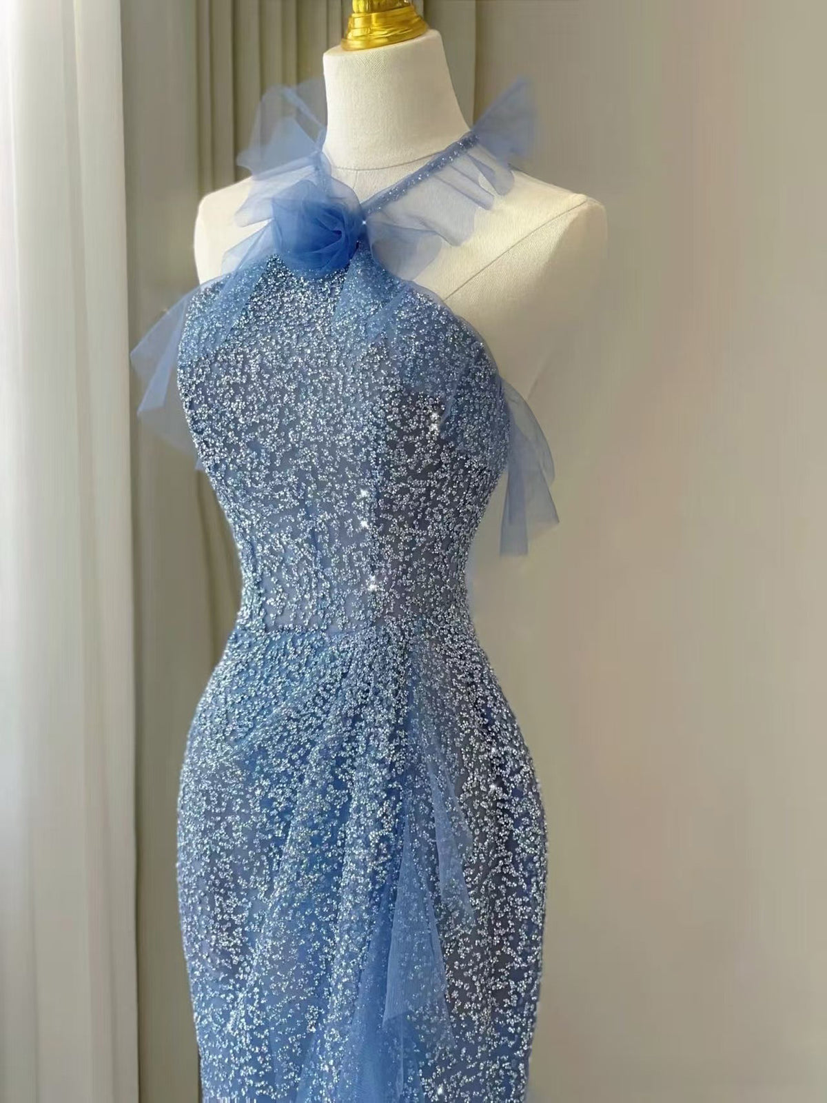 Mermaid Tulle Sequin Floor Length Blue Prom Dress