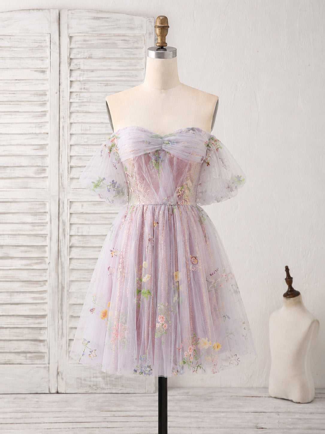 A-line Sweetheart Neck Off Shoulder Tulle Lace Purple Homecoming Dress