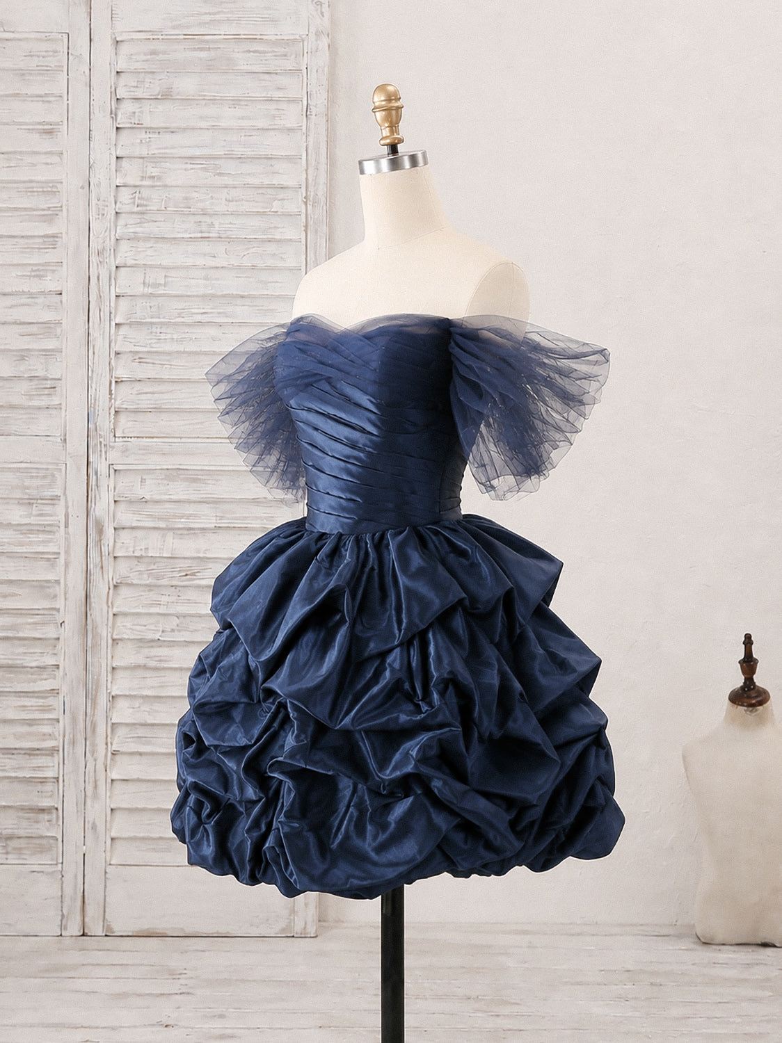 Dark Blue Sweetheart Off Shoulder Tulle Short Prom Dress, Cute Homecoming Dress