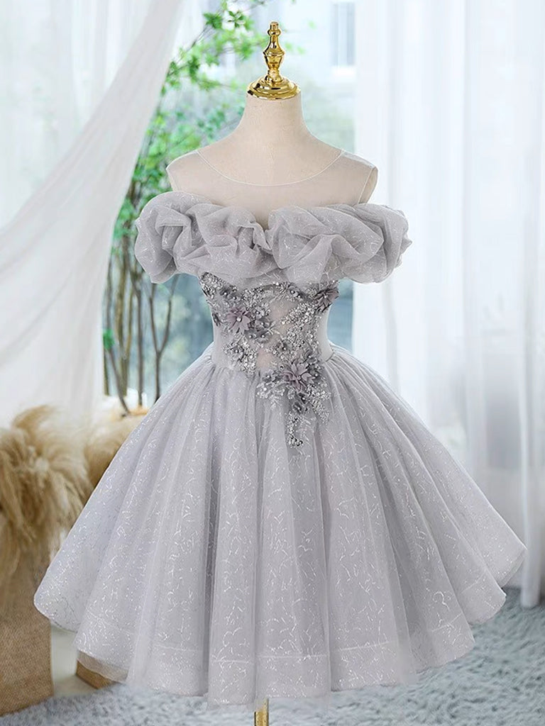 A-Line Scoop Neckline Off Shoulder Tulle Gray Short Prom Dress with Lace Beads