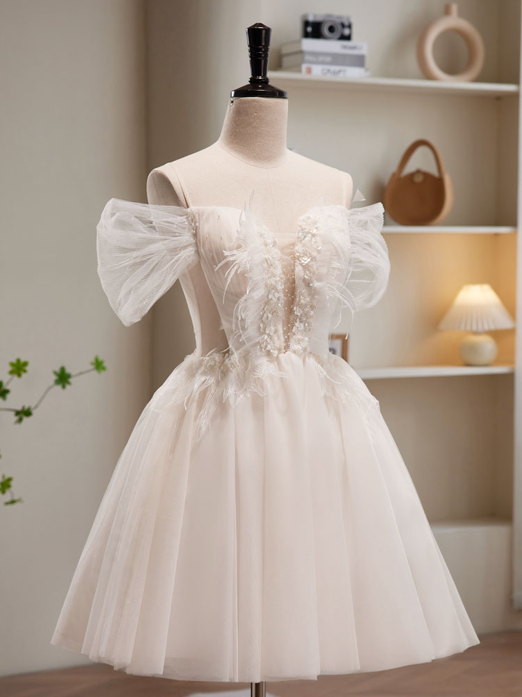 A-Line Off Shoulder Tulle Short Beige Prom Dress, Cute Homecoming Dres