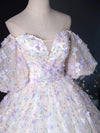 A-Line Puff Sleeves Sweetheart Neck Tulle Lace Light Purple Long Prom Dress