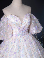 A-Line Puff Sleeves Sweetheart Neck Tulle Lace Light Purple Long Prom Dress