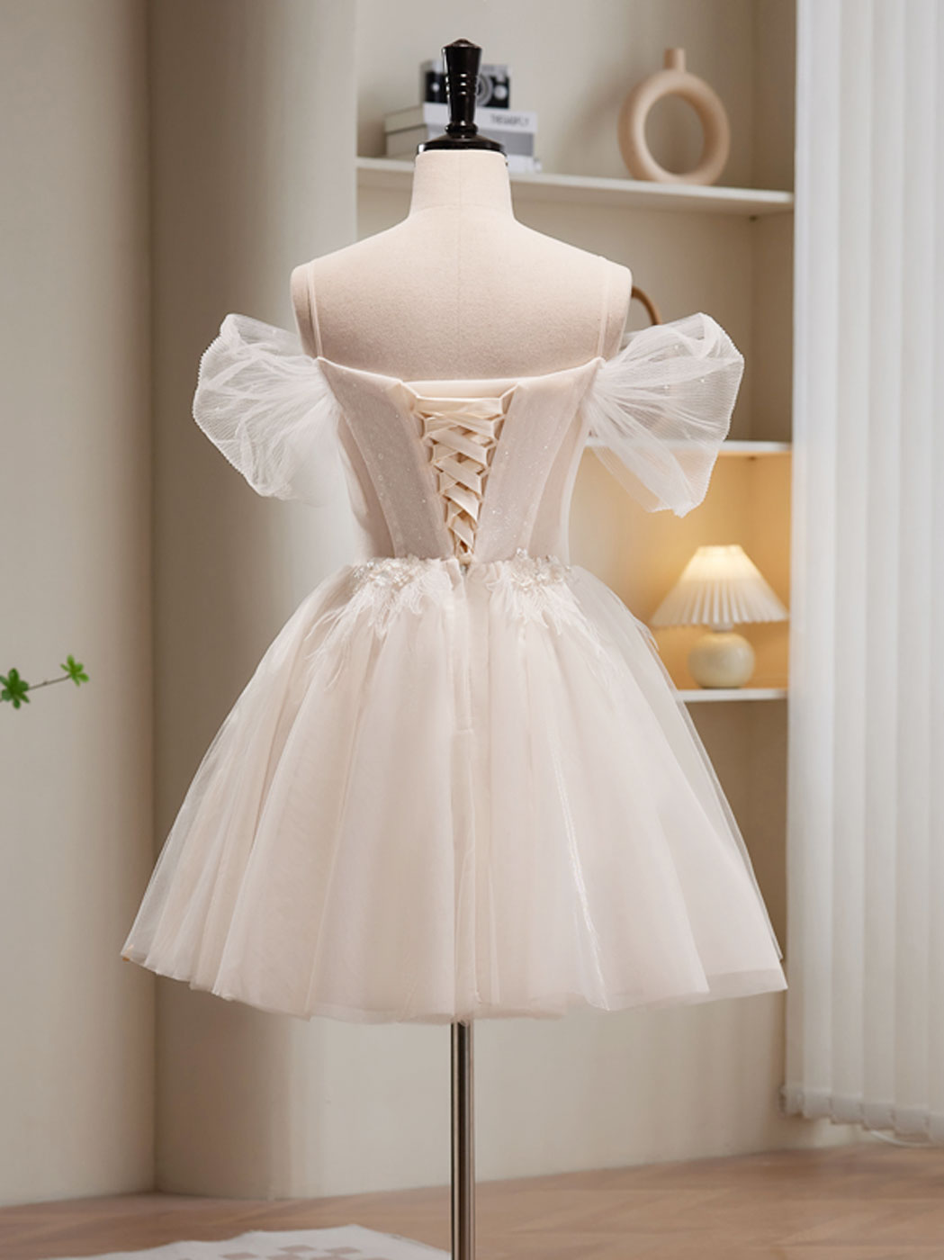 A-Line Off Shoulder Tulle Short Beige Prom Dress, Cute Homecoming Dres