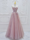 A-Line Tulle Lace Pink Long Prom Dress, Pink Tulle Lace Long Formal Dress
