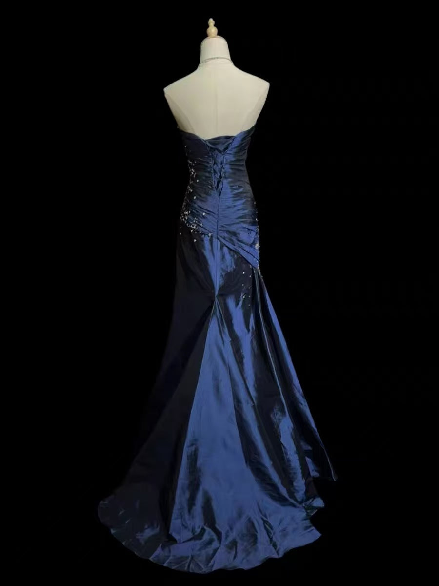 Mermaid Sweetheart Satin Sequin Dark Blue Long Prom Dress with Beads