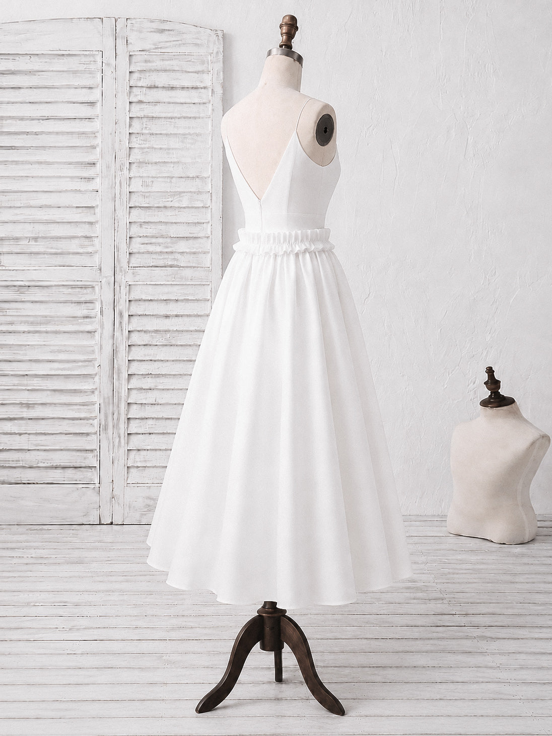 Simple V Neck Satin Tea Length White Prom Dress
