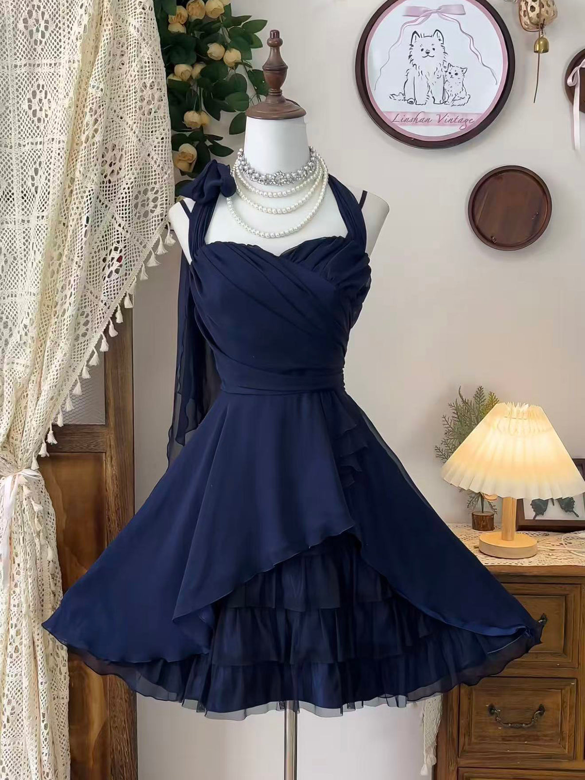 A-line Sweetheart Chiffon Short Dark Blue Prom Dress