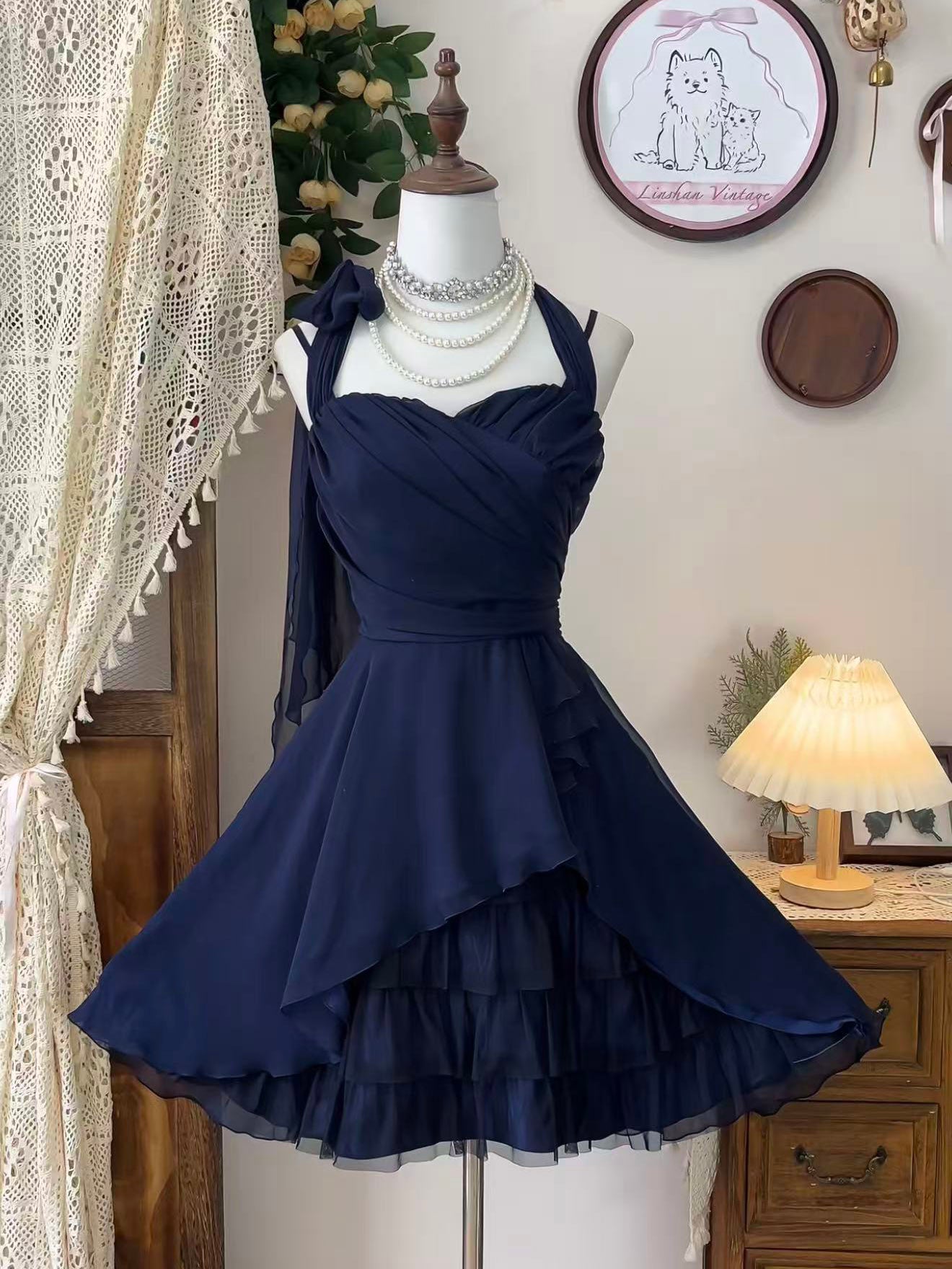 A-line Sweetheart Chiffon Short Dark Blue Prom Dress – shopluu