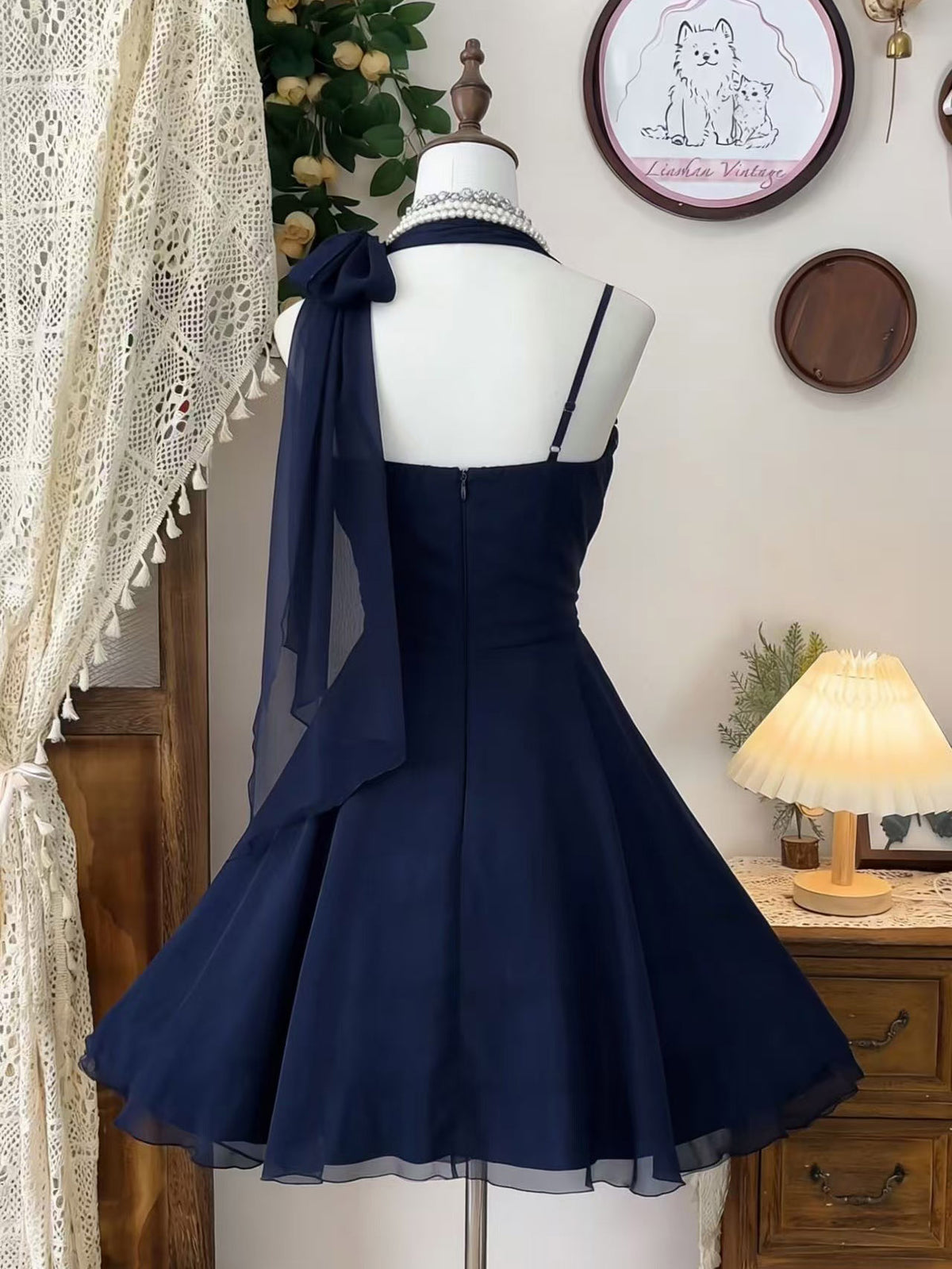 A-line Sweetheart Chiffon Short Dark Blue Prom Dress