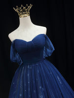 A-Line Off Shoulder Sweetheart Neck Dark Blue Long Prom Dress, Blue Formal Dress