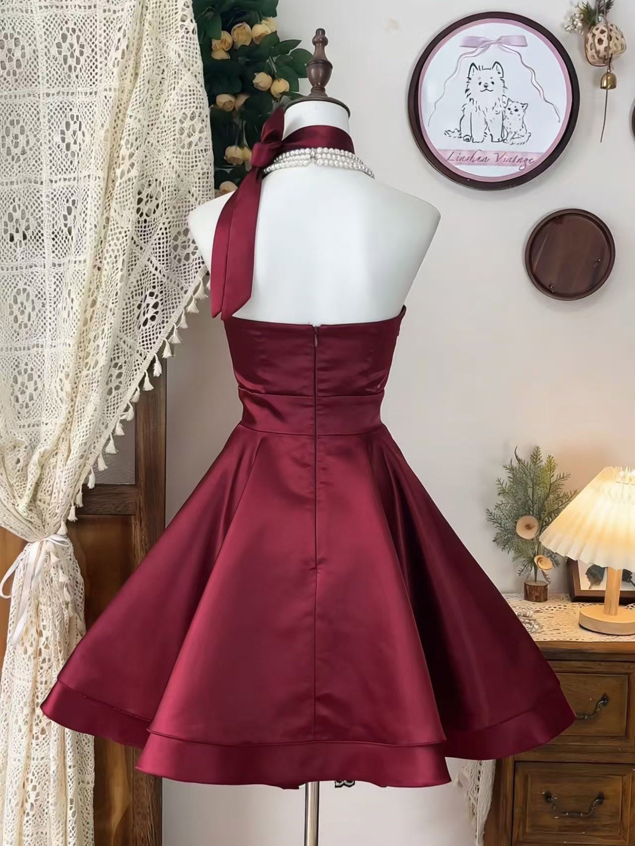 short maroon homecoming dresses Strapless Burgundy Dress Satin Corset Tight Prom Dress Suzhoufashion Above Knee Long Sleeves V Neck Short