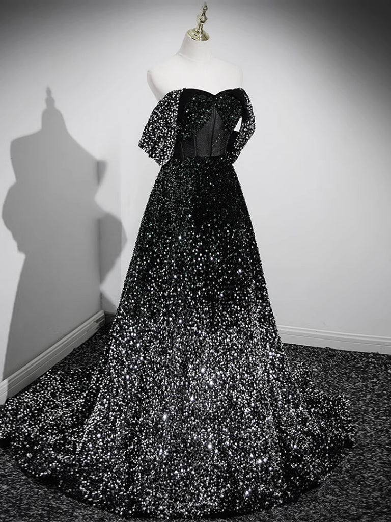 A-Line Velvet Sequin Long Black Prom Dress, Black Long Evening