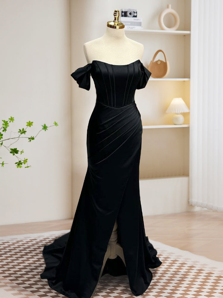 Black Off Shoulder Satin Mermaid Long Prom Dress, Black Long Evening Dress