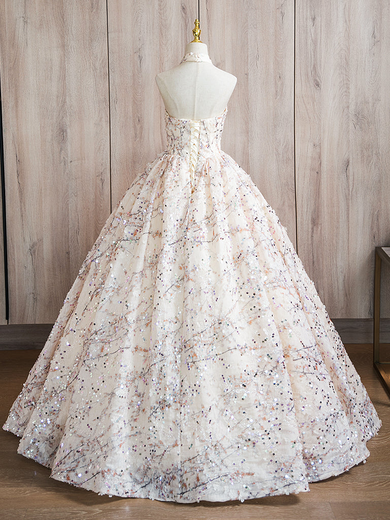 A-Line High Neck Lace Champagne Long Prom Dress, Champagne Long Formal shopluu A-Line High Neck Lace Champagne Long Prom Dress, Champagne Long Formal shopluu