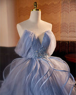 A-Line V Neck Tulle Lace Gray Blue Long Prom Dress, Blue Long Sweet 16 Dress