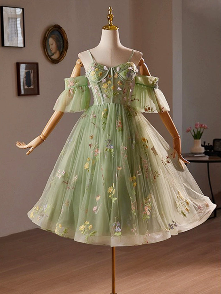 A-Line Off Shoulder Sweetheart Neck Tulle Lace Green Short Prom Dress