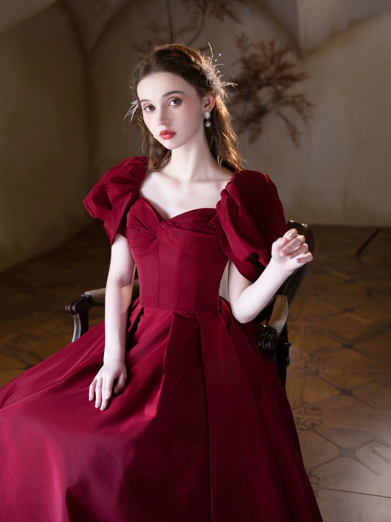 Burgundy Satin Formal Evening Gown with Puff Sleeve, A-Line Long Prom Dress US 2 / Burgundy Burgundy Satin Formal Evening Gown with Puff Sleeve, A-Line Long Prom Dress US 2 / Burgundy