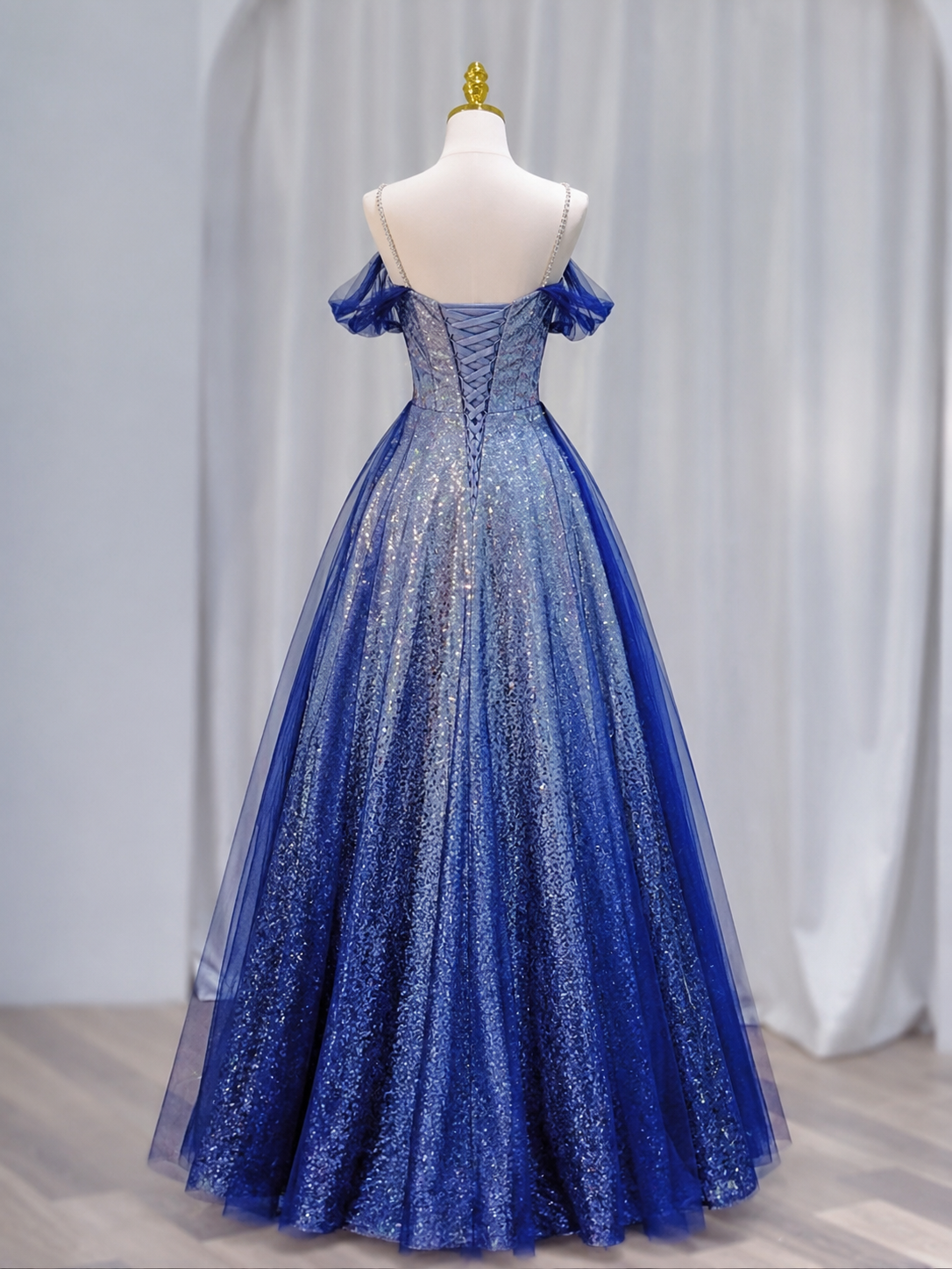 A-Line Sweetheart Off Shoulder Floor Length Blue Prom Dress with Beads