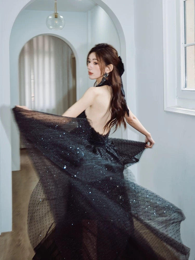 A-Line V Neck Tulle Floor Length Black Prom Dress, Black Party Dress