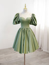 A-Line Green Puffy Sleeve Satin Short Prom Dress, Green Short Formal Dress