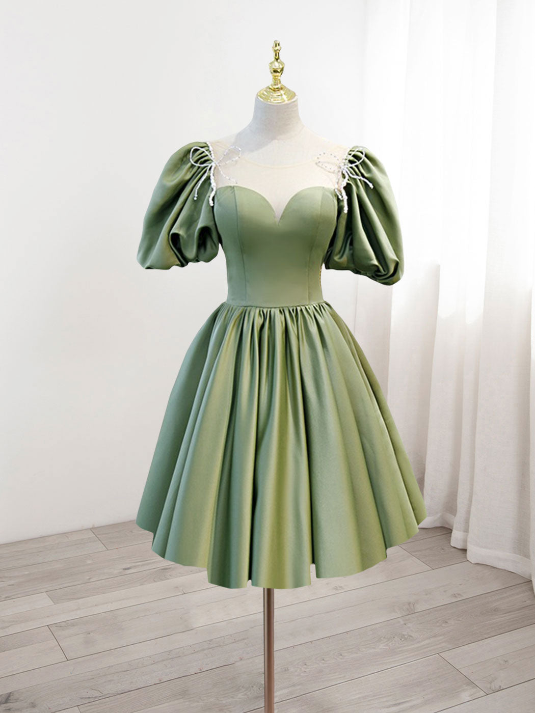 A-Line Green Puffy Sleeve Satin Short Prom Dress, Green Short Formal D ... A-Line Green Puffy Sleeve Satin Short Prom Dress, Green Short Formal D ...