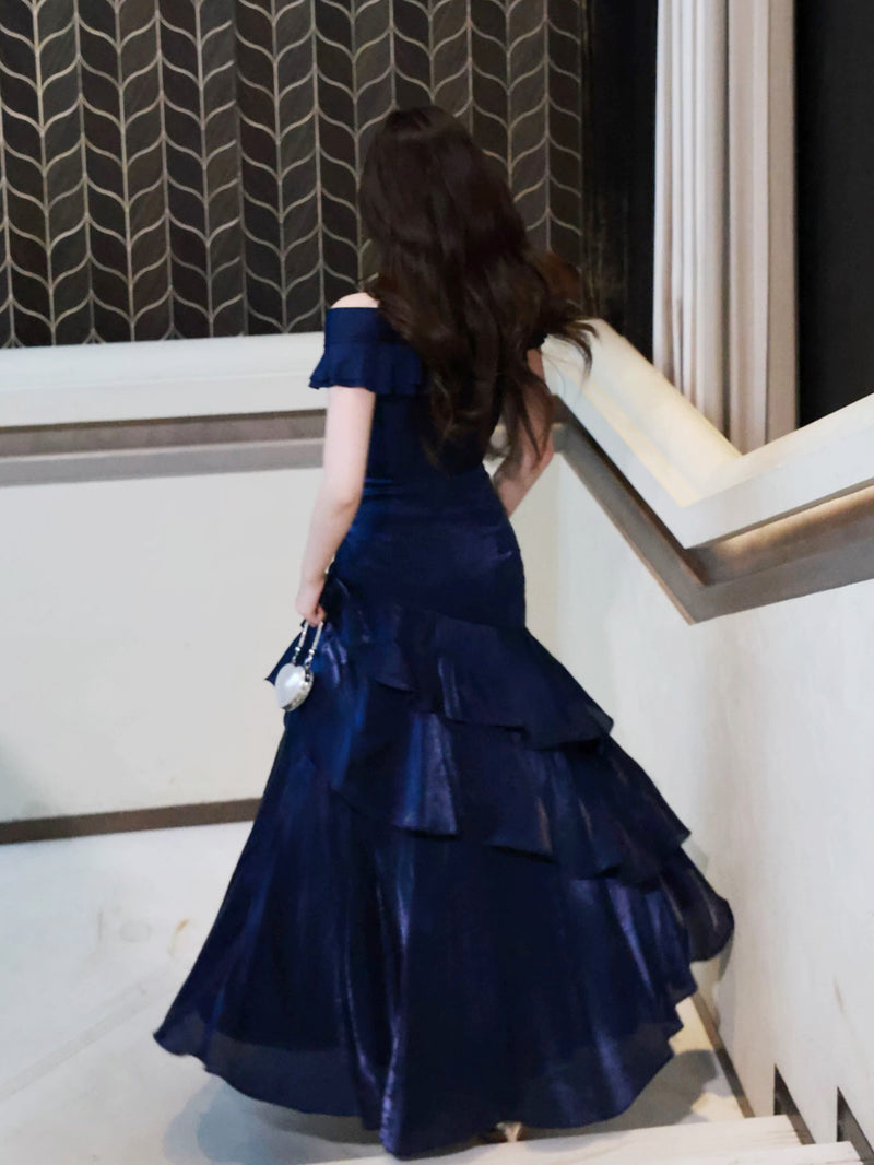 navy blue prom dress with ruffles frilly prom dresses Dark Navy Strapless Pleated Prom Dress with Ruffle FancyVestido