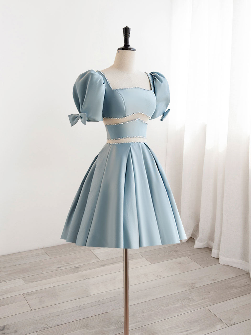 A-Line Square Neckline Blue Short Prom Dress, Cute Blue Homecoming Dre