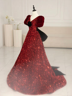 Burgundy V Neck Sequin Long Prom Dress, Burgundy Evening Dress