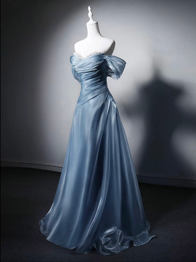 long dress with beads A-line Sweetheart Off Shoulder Blue Long Prom Dress with Beads US 16 / Blue