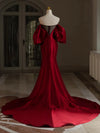 Burgundy Puff Sleeves Satin Burgundy Long Prom Dress, Burgundy Long Evening Dress