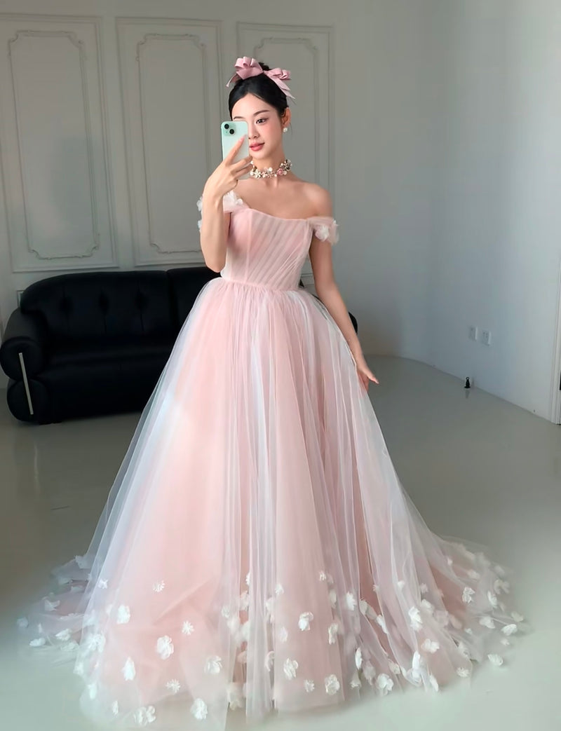 A-Line Off Shoulder Tulle Flower Pink Long Prom Dress, Pink Long Evening Dress