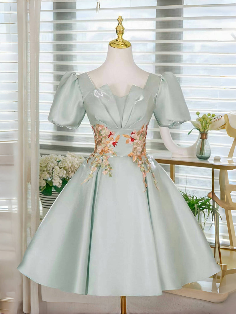 Light Green Satin Lace Applique Short Prom Dress, Cute Homecoming Dress