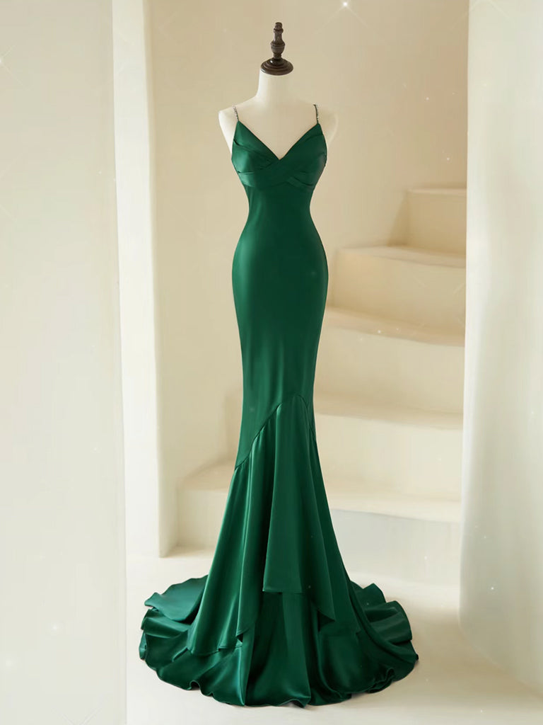 Mermaid V Neck Satin Green Long Prom Dress, Green Long Evening Dress