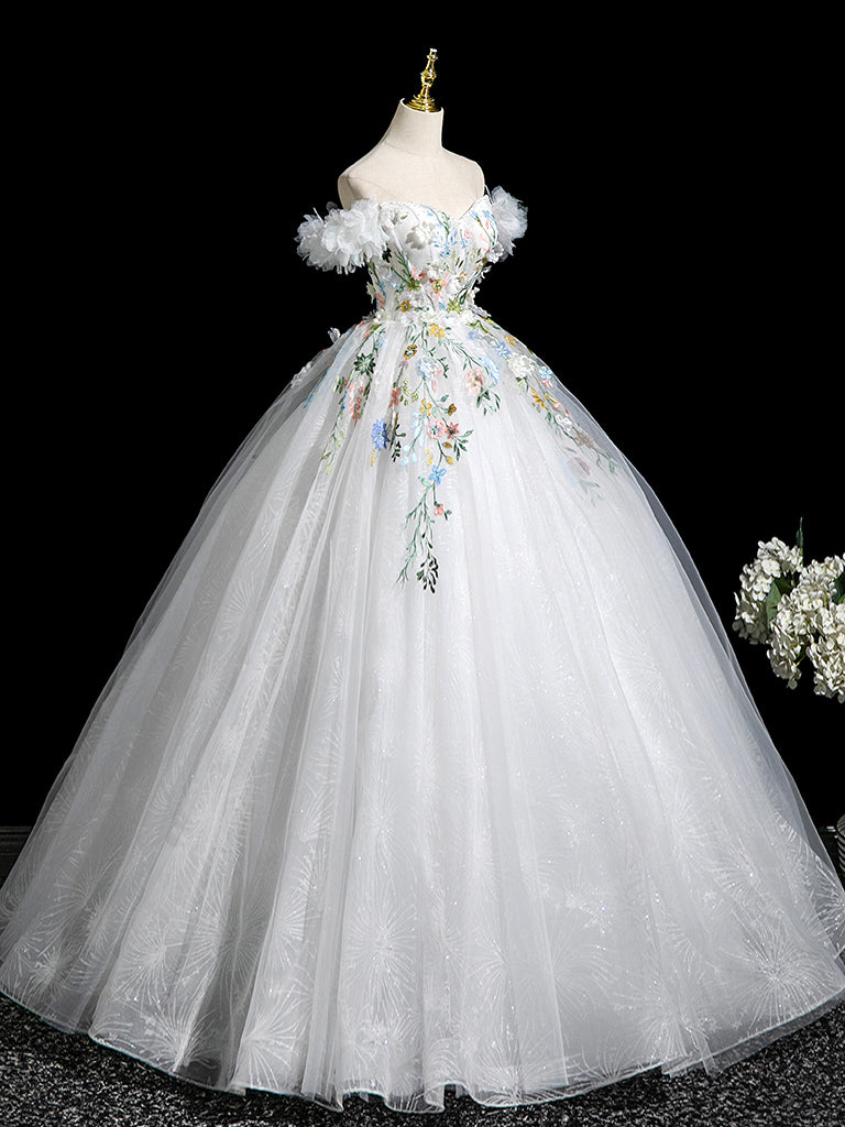 A-Line Tulle Lace White Long Prom Dress, White Long Evening Dress