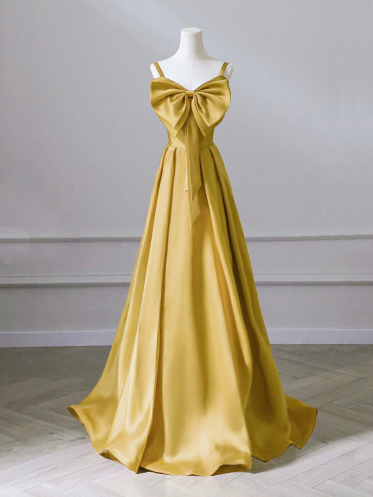 A-Line Sweetheart Neck Satin Yellow Long Prom Dress, Yellow Long Formal Dress