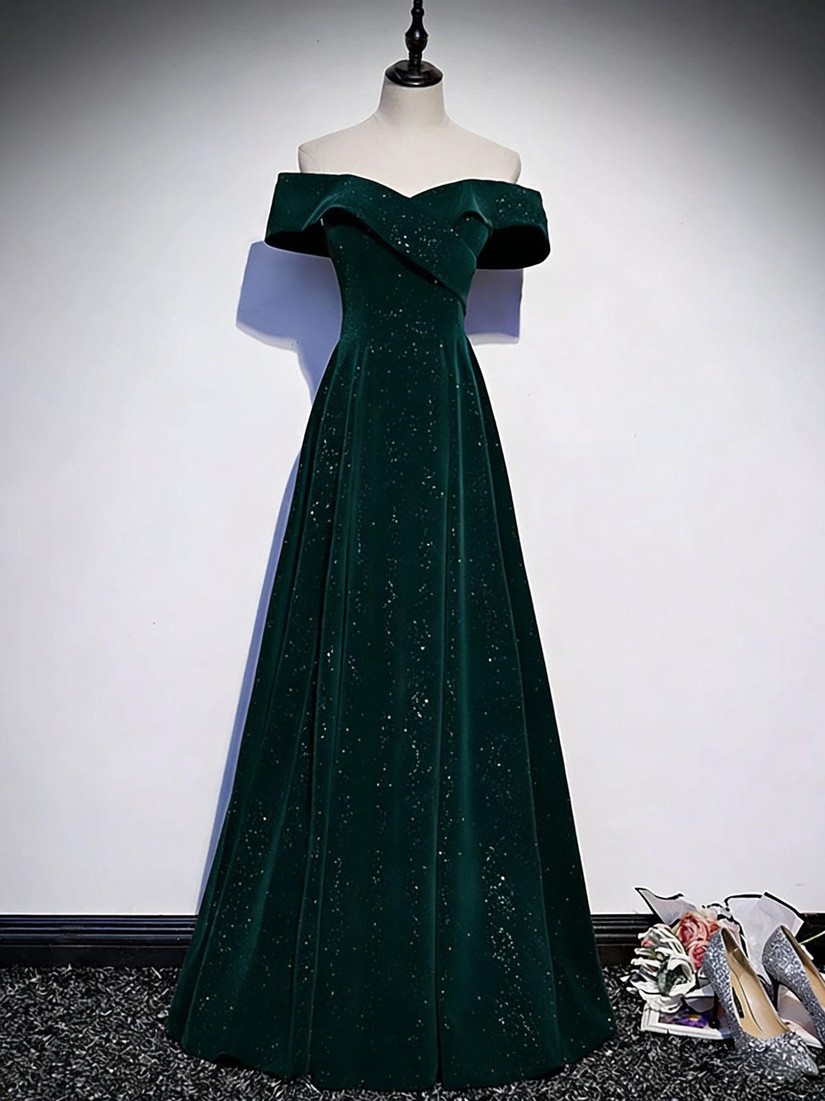 A-line Off Shoulder Velvet Floor Length Green Long Prom Dress