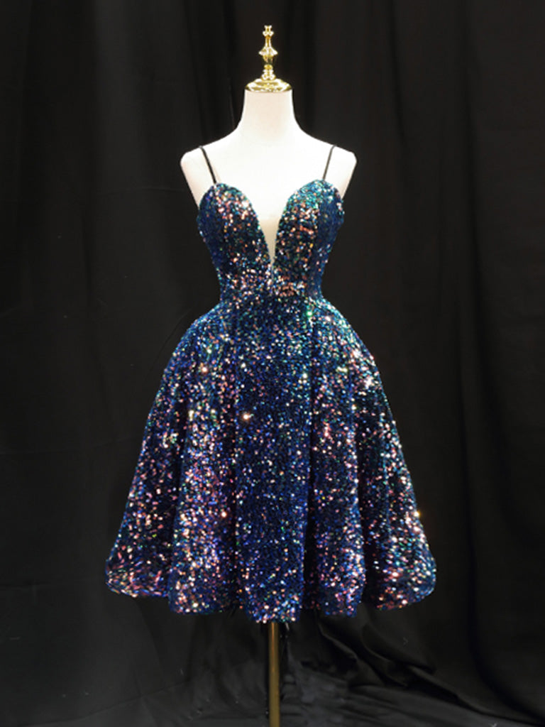 Simple Sequin Blue Short Prom Dress, Blue Homecoming Dress
