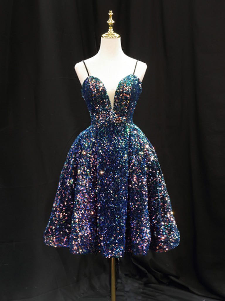 Simple Sequin Blue Short Prom Dress, Blue Homecoming Dress – shopluu