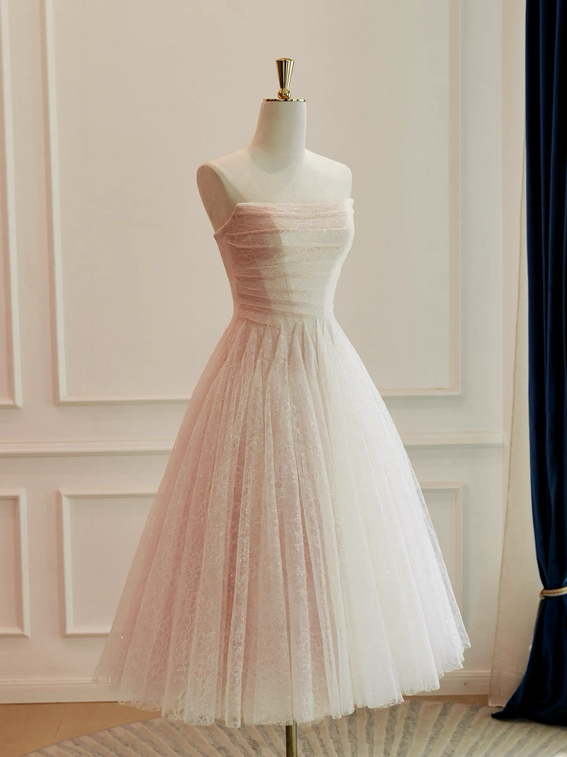 A-Line Tulle Lace Short Prom Dress, Champagne Pink Homecoming Dress