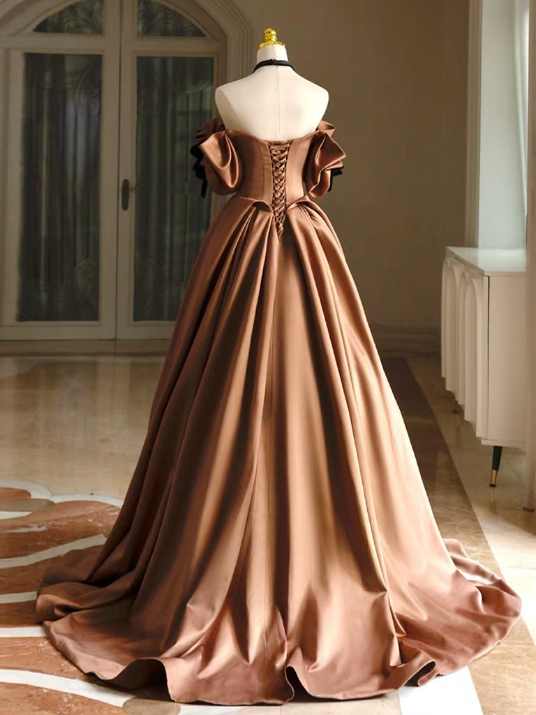 Simple A-Line  Satin Brown Long Prom Dress, Brown Long Formal Dress