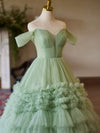 A-Line off Shoulder Tulle Green Long Prom Dress, Green Sweet 16 Dress